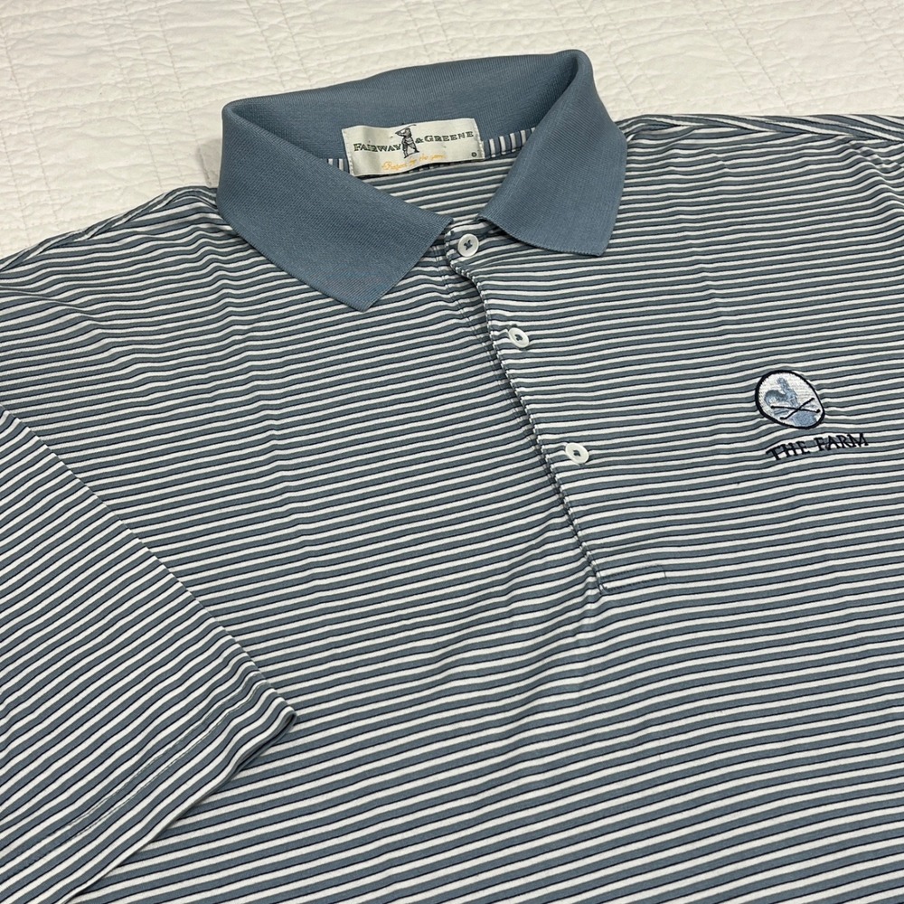 Fairway & Greene The Farm Mens Blue White Stripe Mercerized Cotton Polo Shirt L